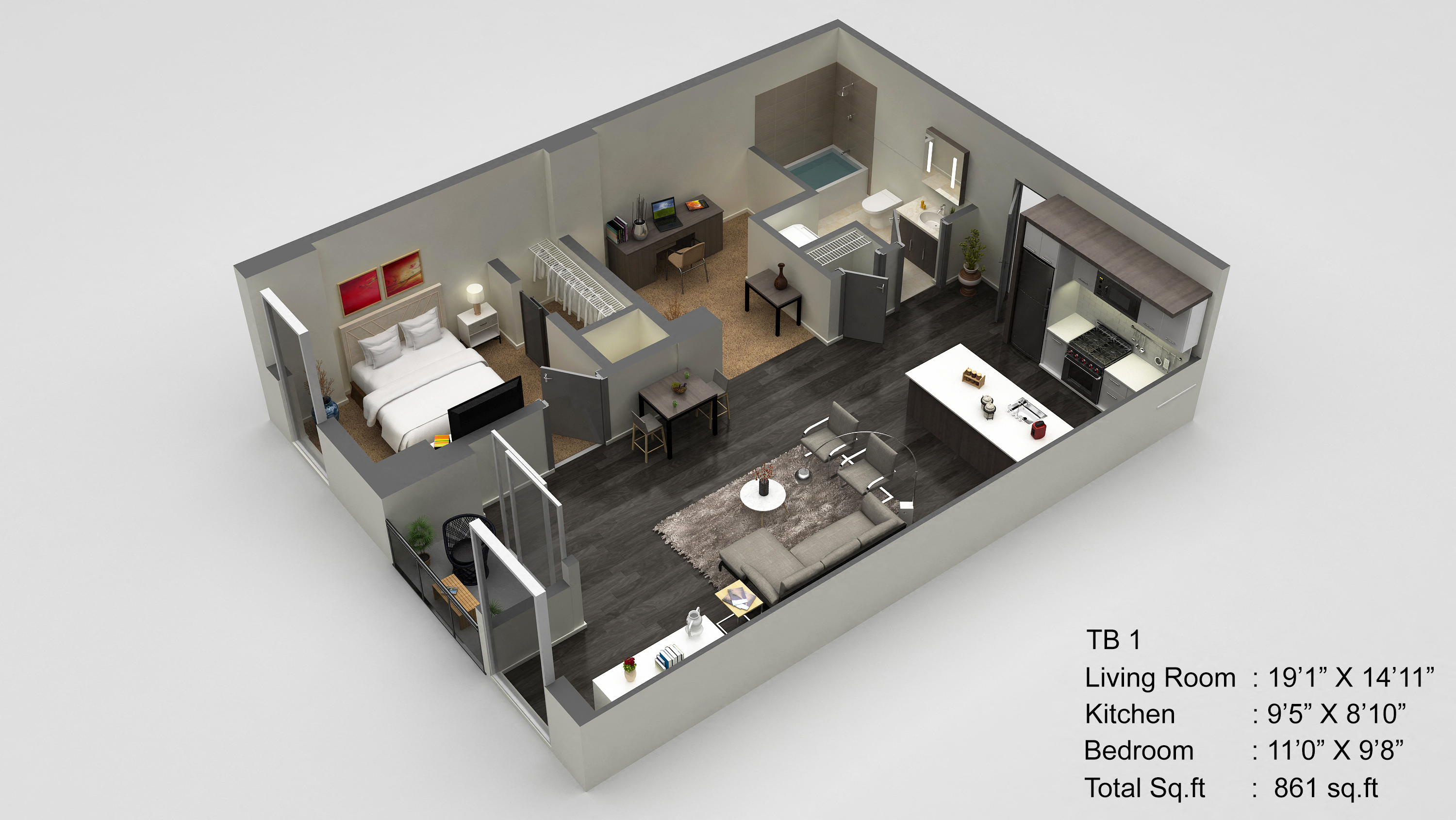 Floor plan for 1 bed, 1 bath, 861 sqft